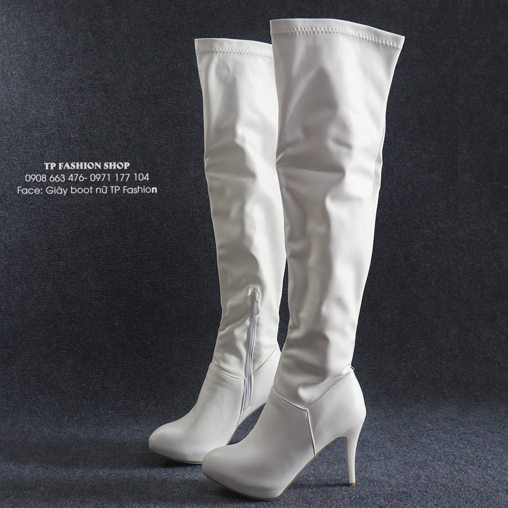 Giày boot nữ da màu trắng cổ cao GÓT NHỌN CAO 10CM trẻ trung GCC10602 Giày boot nữ da màu trắng cổ cao GÓT NHỌN CAO 10CM trẻ trung GCC10602