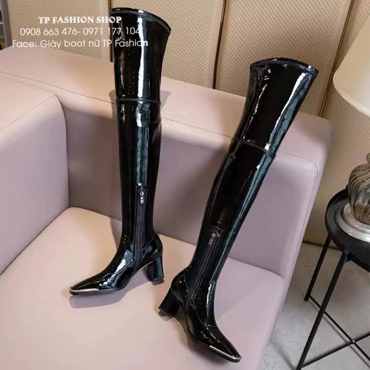 Giày boot nữ cổ cao qua gối MŨI VUÔNG bọc kim loại DA BÓNG sang chảnh gót 8cm GCC12