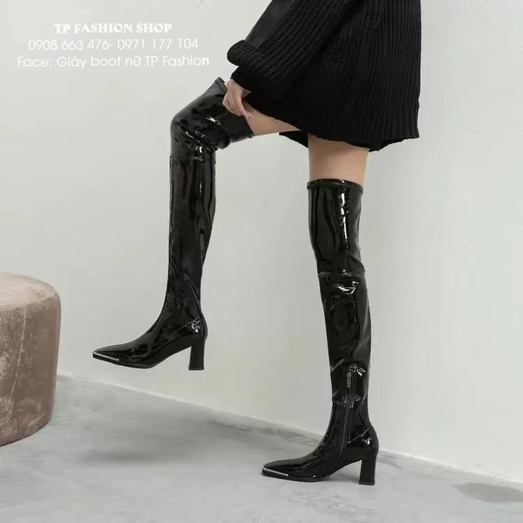 Giày boot nữ cổ cao qua gối MŨI VUÔNG bọc kim loại DA BÓNG sang chảnh gót 8cm GCC12