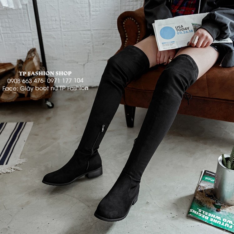 Giày boot nữ cổ cao qua gối đế trệt đơn giản có dây rút sau đùi hiện đại GCC28 Giày boot nữ cổ cao qua gối đế trệt đơn giản có dây rút sau đùi hiện đại GCC28