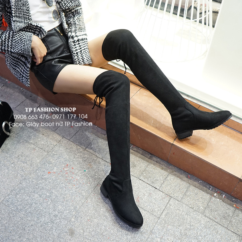 Giày boot nữ cổ cao qua gối đế trệt đơn giản có dây rút sau đùi hiện đại GCC28 Giày boot nữ cổ cao qua gối đế trệt đơn giản có dây rút sau đùi hiện đại GCC28