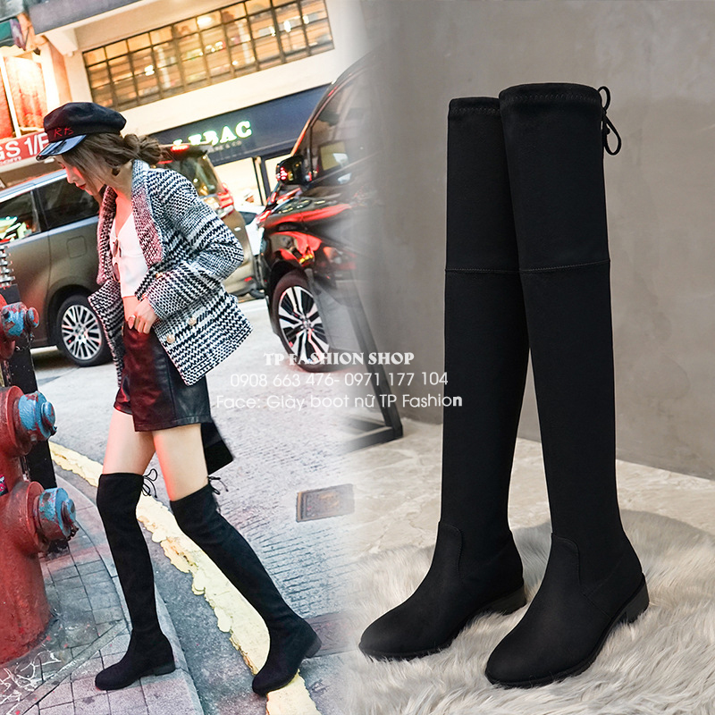 Giày boot nữ cổ cao qua gối đế trệt đơn giản có dây rút sau đùi hiện đại GCC28 Giày boot nữ cổ cao qua gối đế trệt đơn giản có dây rút sau đùi hiện đại GCC28