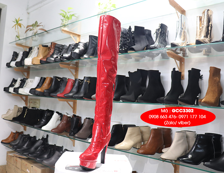 Giày boot nữ cổ cao da bóng đỏ quyến rũ GCC3302 Giày boot nữ cổ cao da bóng đỏ quyến rũ GCC3302