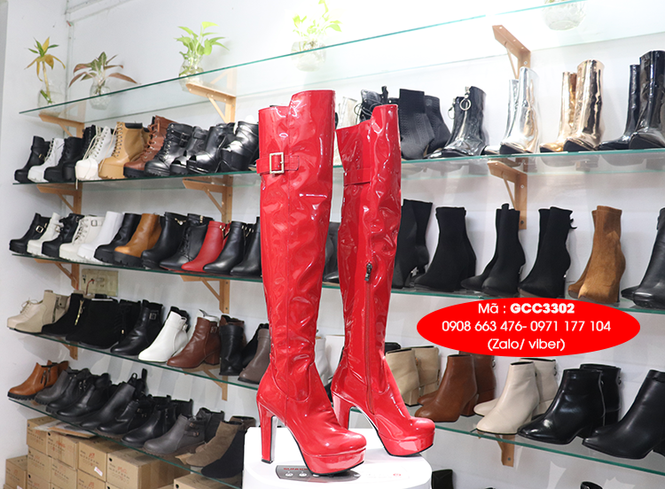 Giày boot nữ cổ cao da bóng đỏ quyến rũ GCC3302 Giày boot nữ cổ cao da bóng đỏ quyến rũ GCC3302