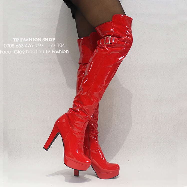 Giày boot nữ cổ cao QUA GỐI cao gót 12cm da bóng đỏ quyến rũ GCC3302 Giày boot nữ cổ cao QUA GỐI cao gót 12cm da bóng đỏ quyến rũ GCC3302