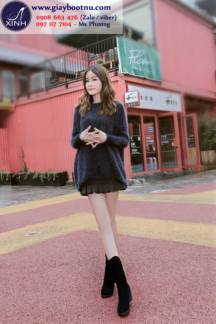 Giày boot nữ cổ lửng độn đế màu đen GBN12602 Giày boot nữ cổ lửng độn đế màu đen GBN12602
