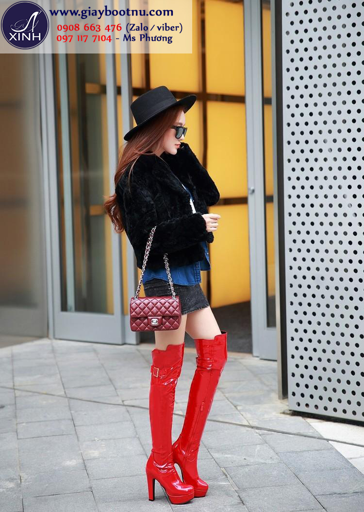 Giày boot nữ cổ cao da bóng đỏ quyến rũ GCC3302 Giày boot nữ cổ cao da bóng đỏ quyến rũ GCC3302