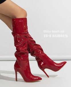 Giày boot cổ cao dưới gối gót nhọn màu đỏ DA BÓNG NHẮN, XẾP LY THỜI THƯỢNG GCC44C Giày boot cổ cao dưới gối gót nhọn màu đỏ DA BÓNG NHẮN, XẾP LY THỜI THƯỢNG GCC44C