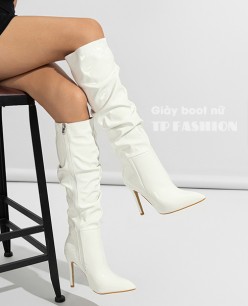Giày boot cổ cao dưới gối gót nhọn màu trắng DA BÓNG NHẮN, XẾP LY THỜI THƯỢNG GCC44B Giày boot cổ cao dưới gối gót nhọn màu trắng DA BÓNG NHẮN, XẾP LY THỜI THƯỢNG GCC44B