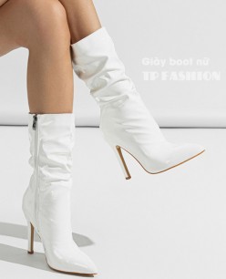 Giày boot cổ lửng da bóng NHĂN, XẾP LY màu trắng  hottrend mũi nhọn gót nhọn 11cm GBN65B Giày boot cổ lửng da bóng NHĂN, XẾP LY màu trắng  hottrend mũi nhọn gót nhọn 11cm GBN65B