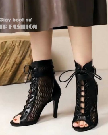 Giày boot lưới nữ cổ ngắn CỘT DÂY ôm chân màu đen  gót nhọn 10cm GBN129A