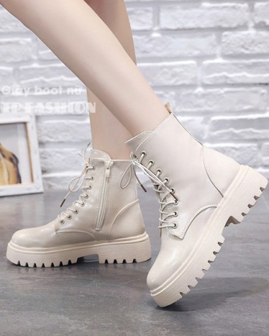 Giày boot nữ cột dây màu kem đế chống trượt gót 4cm cực xinh xắn GBN32B